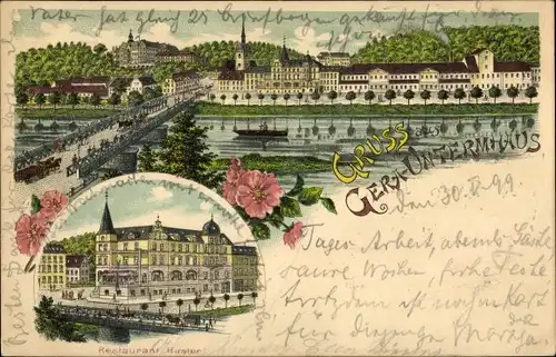 Litho Untermhaus Gera in Thüringen, Panorama, Brücke, Restaurant