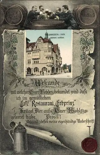 Ak Sonneberg in Thüringen, Restaurant Erbprinz, Urkunde