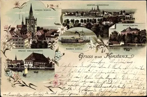 Litho Konstanz am Bodensee, Münster, Conciliumsgebäude, Dampfer, Schloss Mainau