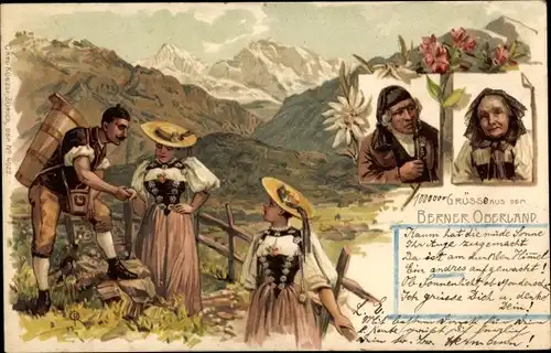 Litho Schweizer in Trachten, Hut, Blumen, Alpen, Berner Oberland