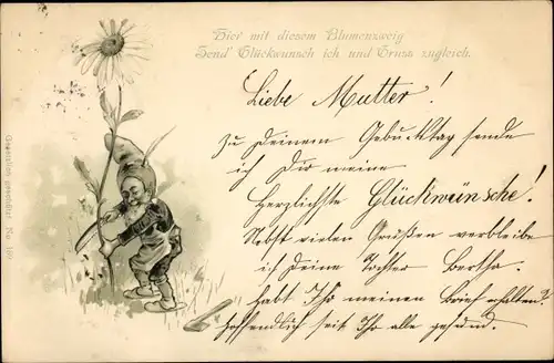 Litho Glückwunsch Geburtstag, Zwerg pflückt eine Blume