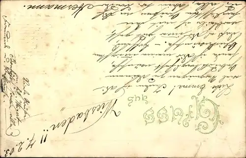 Litho Zwerg mit Kleeblättern und Hufeisen