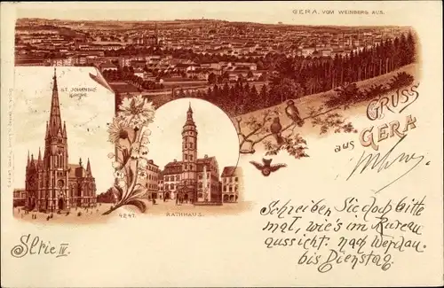 Litho Gera in Thüringen, St Johannis Kirche, Rathaus, Panorama vom Weinberg aus