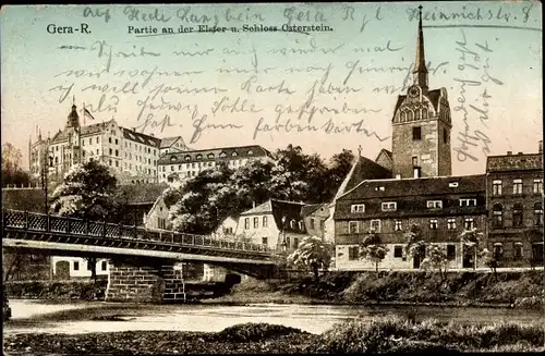Ak Untermhaus Gera in Thüringen, Elster, Brücke, Kirche, Schloss Osterstein