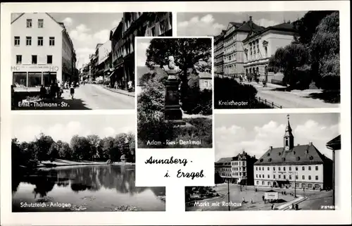 Ak Annaberg Buchholz im Erzgebirge, Schutzteich, Kreistheater, Markt, Rathaus, Adam Ries Denkmal