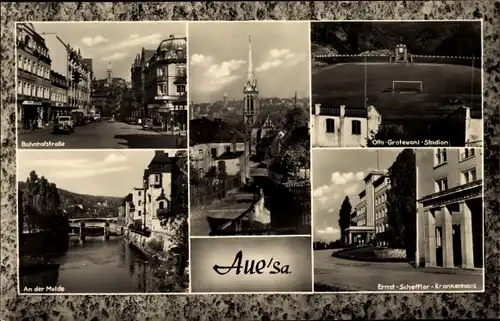 Ak Aue im Erzgebirge Sachsen, Otto Grotewohl Stadion, Bahnhofstraße, Ernst Scheffler Krankenhaus