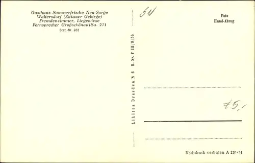 Ak Waltersdorf Großschönau in der Oberlausitz Sachsen, Gasthaus Sommerfrische Neu-Sorge