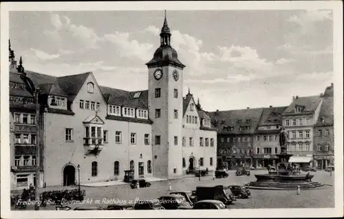 Ak Freiberg in Sachsen, Obermarkt mit Rathaus und Brunnendenkmal