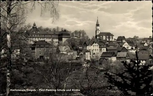 Ak Hartenstein im Erzgebirge Sachsen, Paul Fleming Schule, Kirche