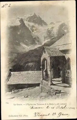 Ak La Grave Hautes Alpes, Die Kirche der Terrassen, die Meije