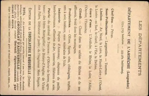 Landkarten Ak Privas Ardèche, Chateau de Crussol, Edition Chocolaterie d'Aiguebelle