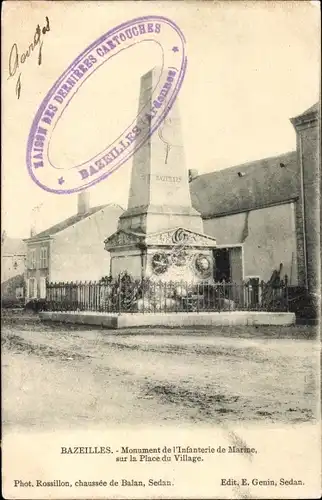 Ak Bazeilles Ardennes, Denkmal der Marineinfanterie, Dorfplatz