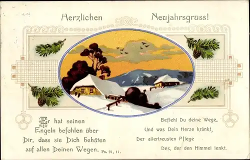 Ak Glückwunsch Neujahr, Psalm 91 11, Winterlandschaft