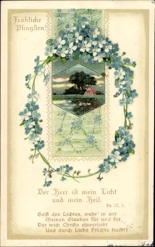 Ak Glückwunsch Pfingsten, Landschaft, Vergissmeinnicht, Psalm 27 1
