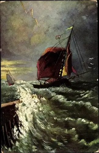 Künstler Ak Segelschiff im Sturm