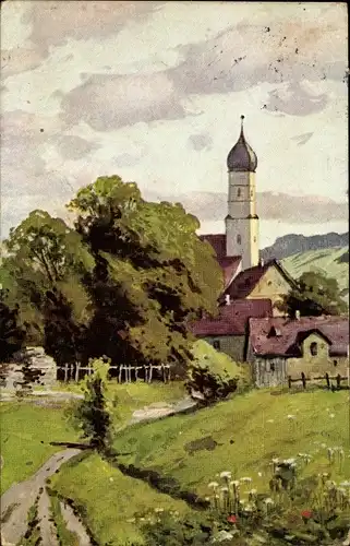 Künstler Ak Landschaft mit Ortschaft, Kirche