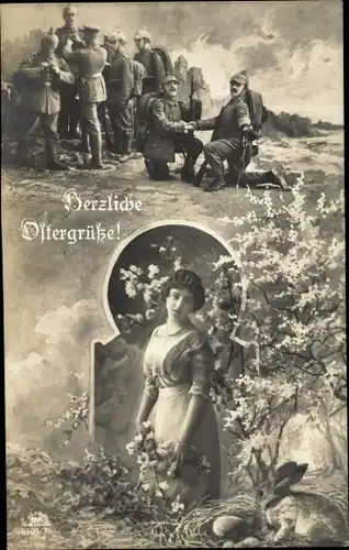 Ak Glückwunsch Ostern, Deutsche Soldaten in Uniformen, Frau, Hase