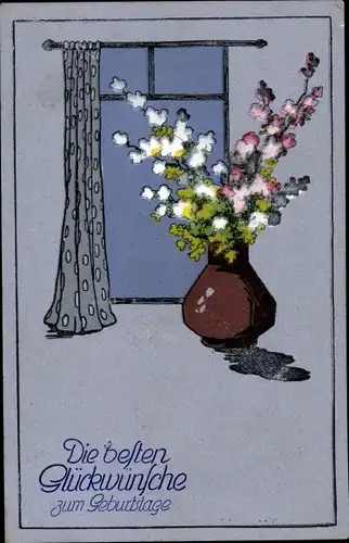 Ak Glückwunsch Geburtstag, Blumenvase am Fenster