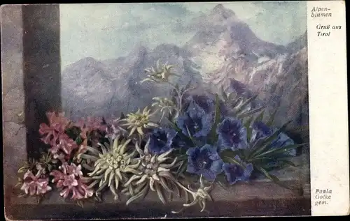 Künstler Ak Gotke, Paula, Alpenblumen, Enzian, Edelweiß, Gebirge