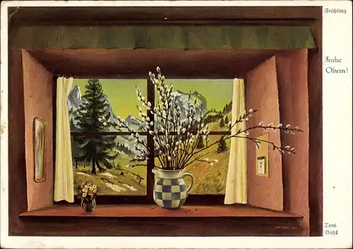 Künstler Ak Bichl, Toni, Glückwunsch Ostern, Weidenkätzchen, Berge