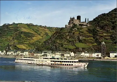 Ak Sankt Goarshausen am Rhein, Burg Katz, Motorschiff MS Rhein, Salondampfer