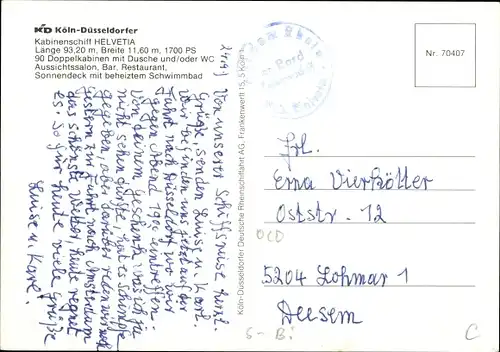 Ak Kabinenschiff Helvetia, Motorschiff, Köln-Düsseldorfer