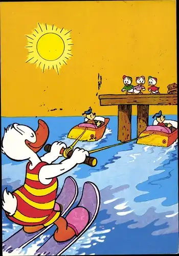 Künstler Ak Disney, Donald Duck, Wasserski, Tick, Trick, Track