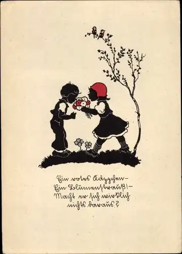 Scherenschnitt Ak Ein rotes Käppchen, ein Blumenstrauß