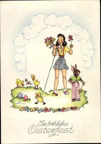 Künstler Ak Glückwunsch Ostern, Mädchen, Küken an der Leine, vermenschlichter Hase