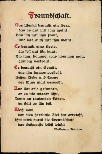 Gedicht Ak Freundschaft, Woldemar Dolores, Der Mensch braucht ein Herz