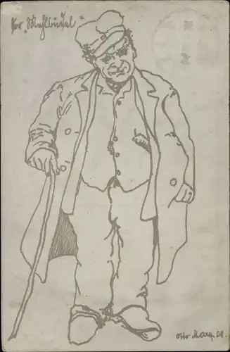 Künstler Ak Mann im Mantel mit Gehstock