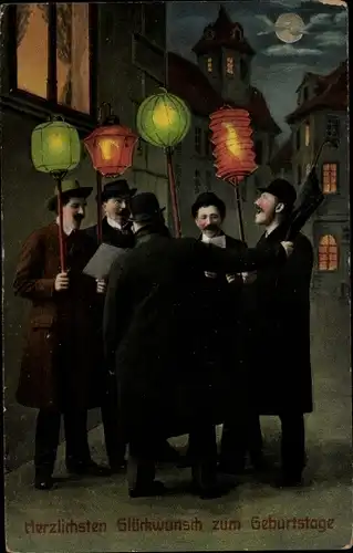 Ak Glückwunsch Geburtstag, Singende Männer mit Lampions