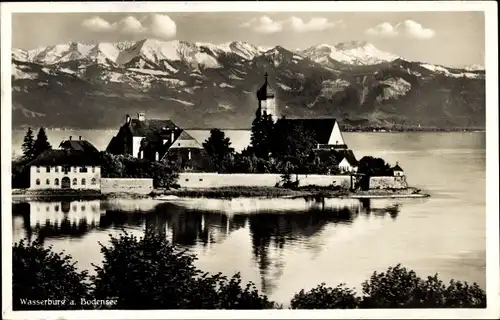 Ak Wasserburg am Bodensee, Halbinsel, Hotel Pension Krone, Kirche und Alpenpanorama