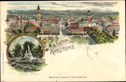 Litho Karlsruhe in Baden Württemberg, Panorama der Stadt, Parkanlagen, Nymphengruppe