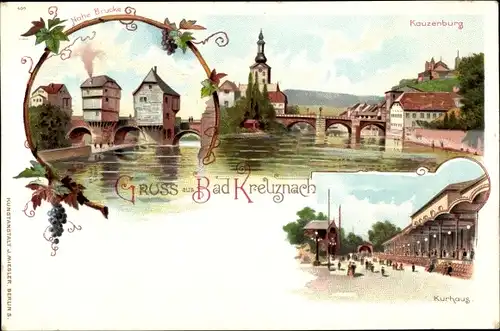 Litho Bad Kreuznach, Kauzenburg, Nahebrücke, Kurhaus