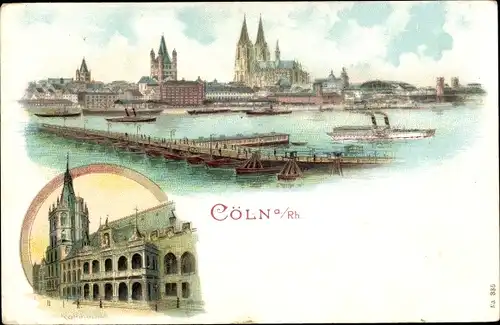 Litho Köln am Rhein, Teilansicht, Anleger, Brücke, Dom, Schiffe
