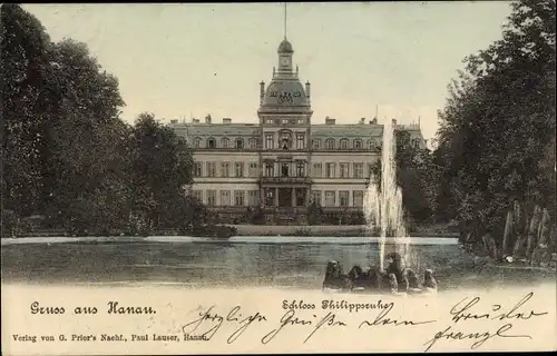 Ak Hanau am Main, Schloss Philippsruhe, Springbrunnen