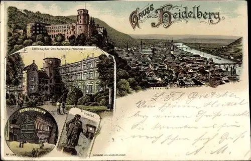 Litho Heidelberg, Schloss, Otto Heinrichs Bau, das Große Fass, Gesamtansicht, Perkeo