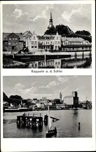 Ak Kappeln an der Schlei, Teilansichten, Promenade, Kirchturm, Boot