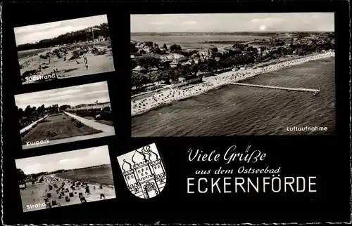Ak Ostseebad Eckernförde, Luftaufnahme, Südstrand, Kurpark, Strand, Wappen
