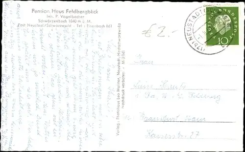 Ak Schwärzenbach Titisee Neustadt im Breisgau Hochschwarzwald, Pension Haus Feldbergblick
