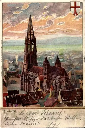 Wappen Litho Kley, Heinrich, Freiburg im Breisgau Baden Württemberg, Teilansicht und Münster