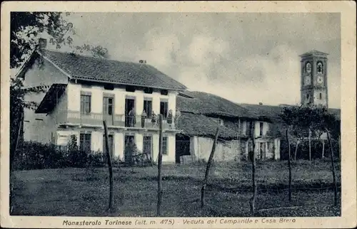 Ak Monasterolo Torinese Piemonte, Veduta del Campanile e Casa Breio
