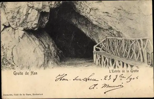 Ak Grotte de Han Han sur Lesse Wallonien Namur, Entree de la Grotte