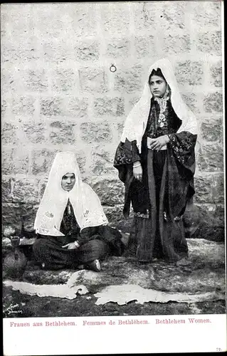 Ak Betlehem Palästina, Zwei Frauen in Volkstrachten, Kopftücher