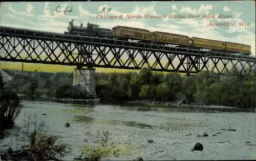 Ak Janesville Wisconsin USA, Chicago und West Northern Bridge über Rock River