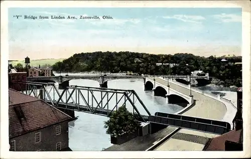 Ak Zanesville Ohio USA, Y Bridge from Linden Avenue