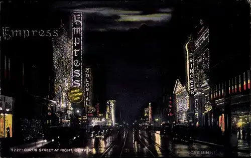 Ak Denver Colorado USA, Curtis Street bei Nacht