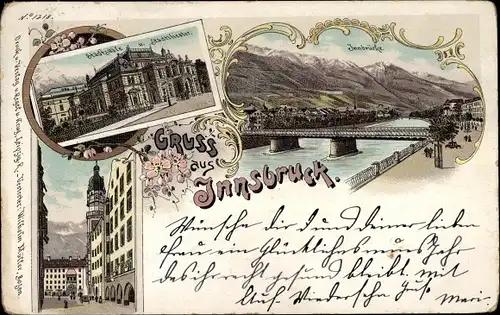 Litho Innsbruck in Tirol, Stadtsäle, Stadttheater, Innbrücke