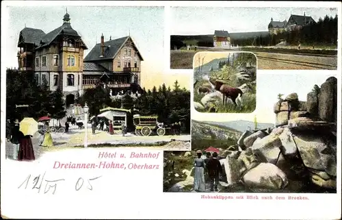 Ak Drei Annen Hohne Wernigerode Harz, Hotel, Bahnhof, Hohneklippen mit Brocken, Kutsche, Hirsch